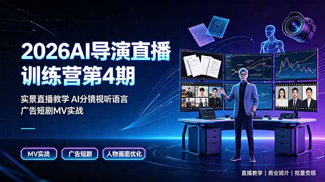2026AI导演直播训练营第4期,实景直播教学AI分镜视听语言,广告短剧MV实战,解决人物画面崩坏痛点-云网创