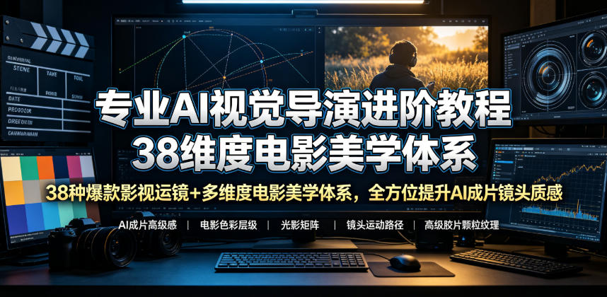 专业AI视觉导演进阶教程，38种爆款影视运镜+多维度电影美学体系，全方位提升AI成片高级感与镜头质感-云网创