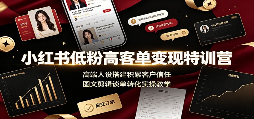 小红书低粉高客单变现特训营：高端人设搭建积累客户信任，图文剪辑谈单转化实操教学-云网创