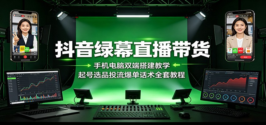 抖音绿幕直播带货:手机电脑双端搭建教学,起号选品投流爆单话术全套教程-云网创