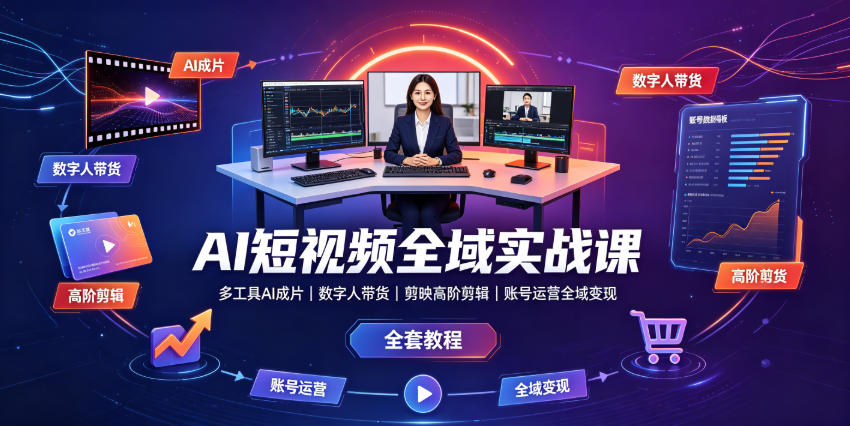 AI短视频全域实战课｜多工具AI成片、数字人带货、剪映高阶剪辑、账号运营全域变现全套教程-云网创