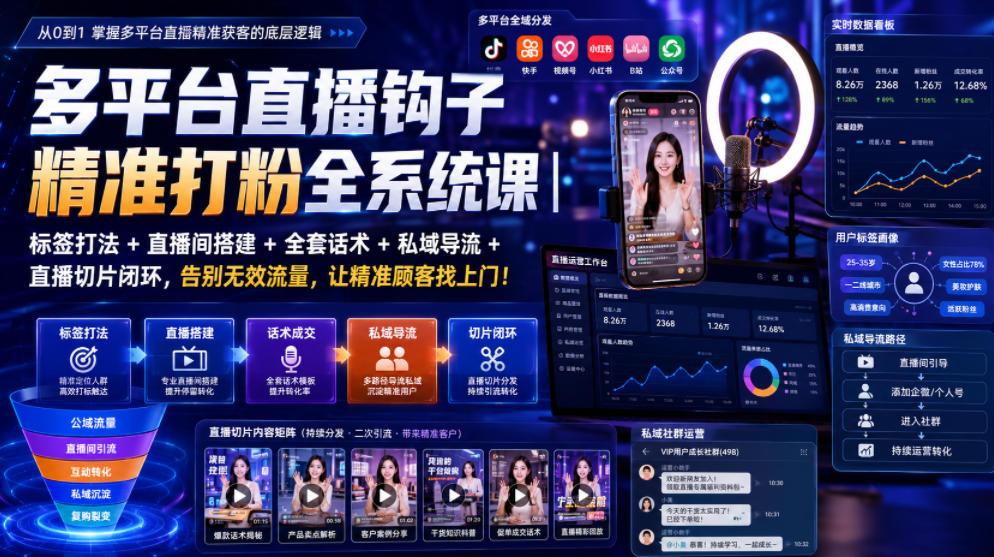 多平台直播钩子精准打粉全系统课|标签打法+直播间搭建+全套话术+私域导流+直播切片闭环,告别无效流量,让精准顾客找上门!-云网创