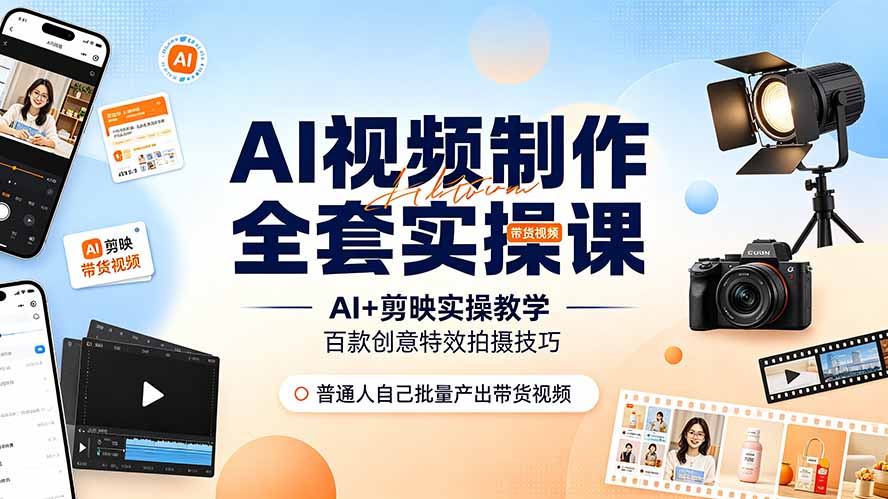 AI视频制作全套实操课，多款AI工具搭配剪映教学，百种特效运镜拍摄实操，抖音账号带货运营全覆盖-云网创