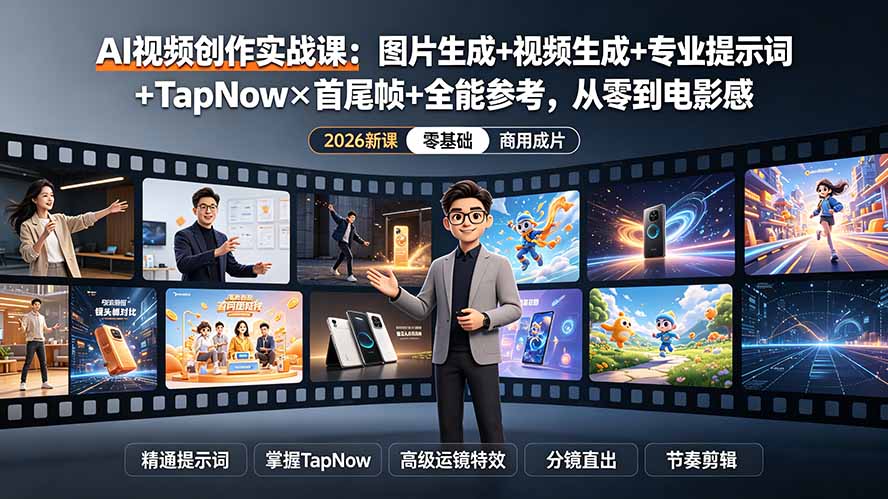 AI视频创作实战课:图片生成+视频生成+专业提示词+TapNow×首尾帧+全能参考,从零到电影感成片-云网创