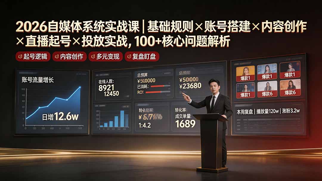 2026自媒体系统实战课|基础规则×账号搭建×内容创作×直播起号×投放实战,100+核心问题解析-云网创