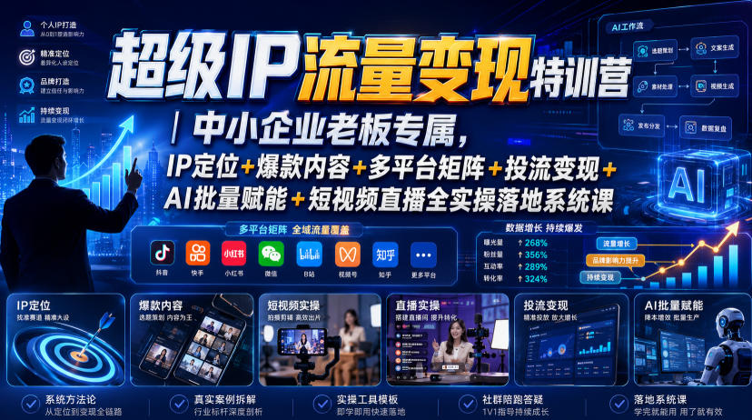 超级IP流量变现特训营｜中小企业老板专属，IP定位+爆款内容+多平台矩阵+投流变现+AI批量赋能+短视频直播全实操落地系统课-云网创