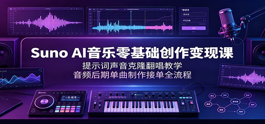 Suno AI音乐零基础创作变现课:提示词声音克隆翻唱教学,音频后期单曲制作接单全流程-云网创
