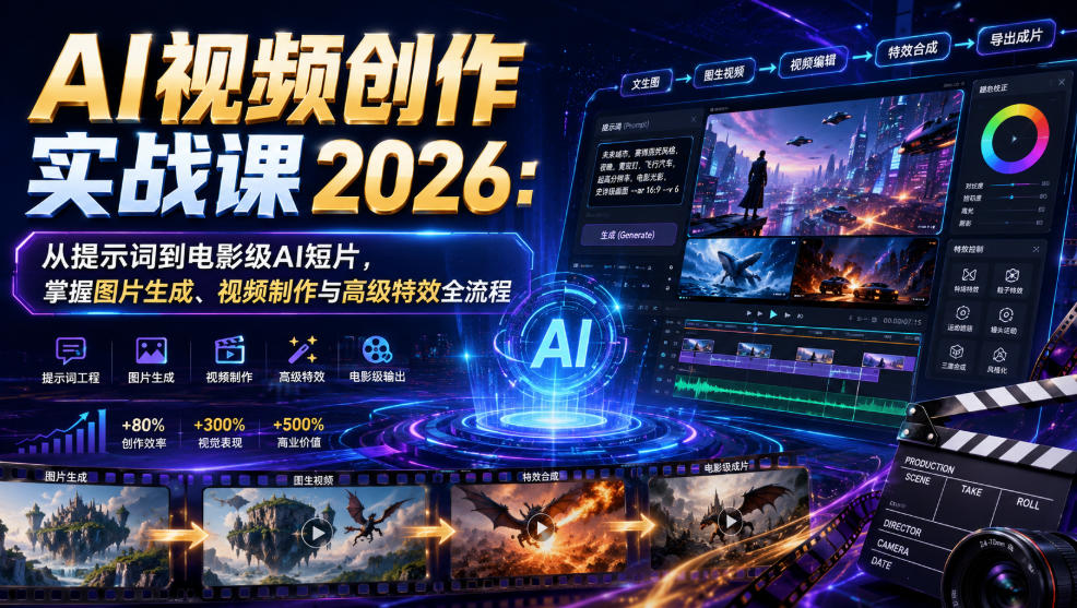AI视频创作实战课2026：从提示词到电影级AI短片，掌握图片生成、视频制作与高级特效全流程-云网创