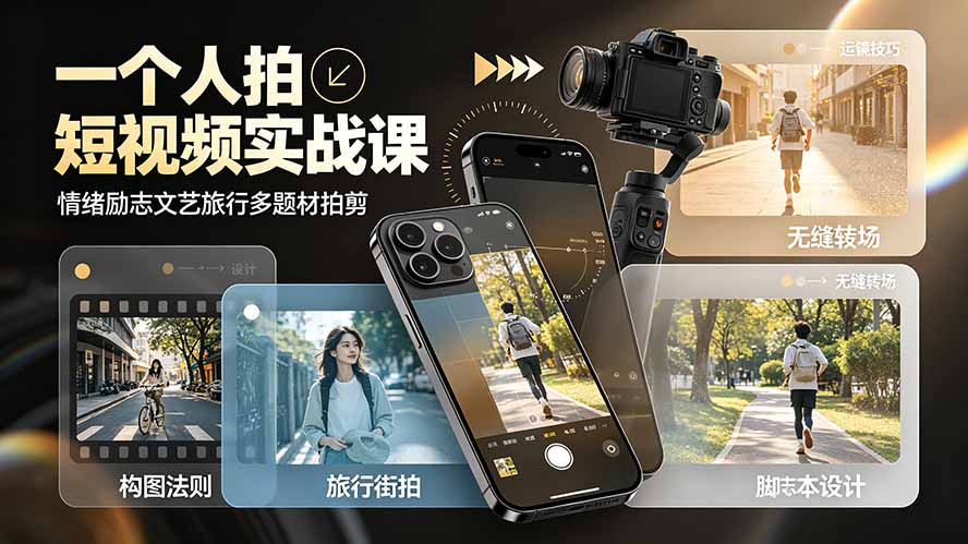 一个人拍短视频实战课:情绪励志文艺旅行多题材×五大景别×黄金构图×八大运镜,从拍摄到成片高效创作-云网创