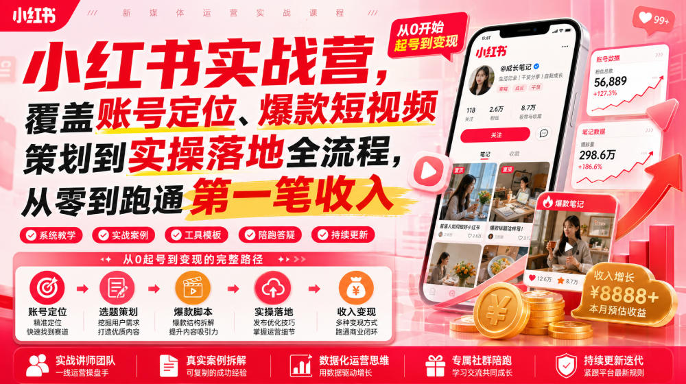 小红书实战营，覆盖账号定位、爆款短视频策划到实操落地全流程，从零到跑通第一笔收入-云网创