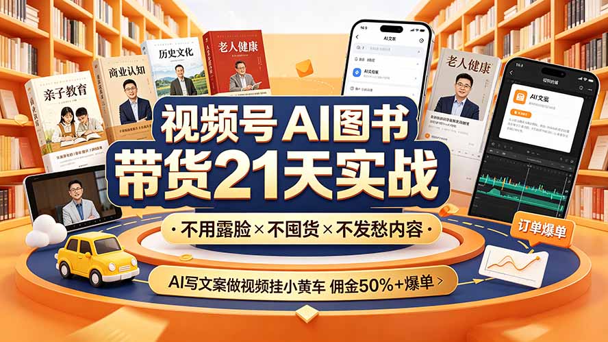 视频号AI图书带货21天实战：不用露脸×不囤货×不发愁内容，AI写文案做视频挂小黄车，佣金50%+爆单-云网创