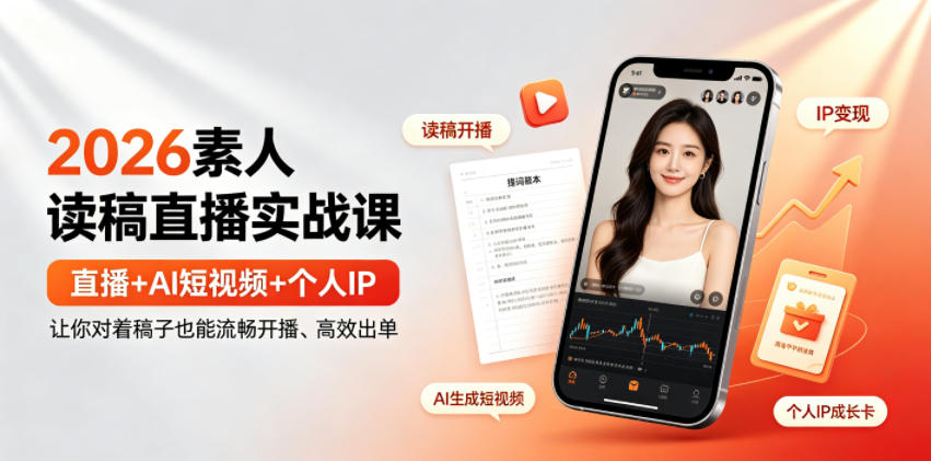 2026素人读稿直播实战课|直播+AI短视频+个人IP,让你对着稿子也能流畅开播、高效出单-云网创