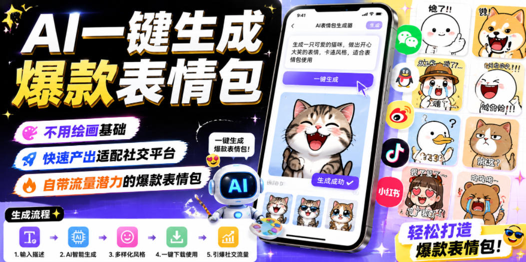 AI一键生成爆款表情包,不用绘画基础,快速产出适配社交平台,自带流量潜力的爆款表情包-云网创