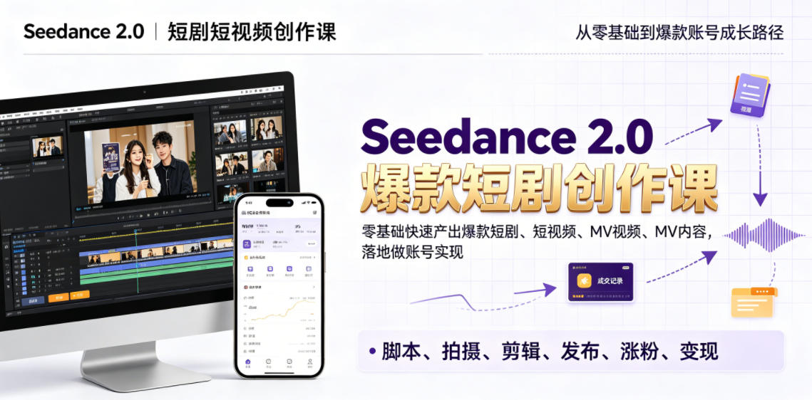 Seedance 2.0短剧短视频创作课，零基础快速产出爆款短剧、短视频、MV内容，落地做账号实现变现-云网创