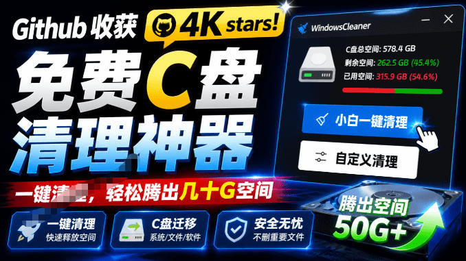 Github收获4K stars!免费C盘清理神器,轻松腾出几十G空间,支持C盘迁移Windows Cleaner-云网创