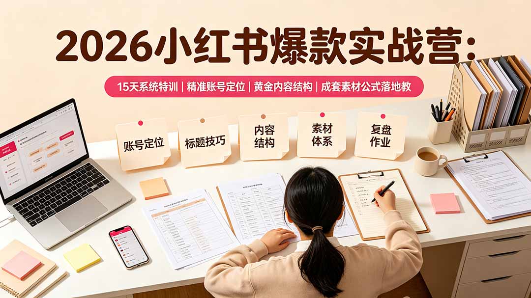 2026小红书爆款实战营:15天系统特训|精准账号定位|黄金内容结构|成套素材公式落地教程-云网创