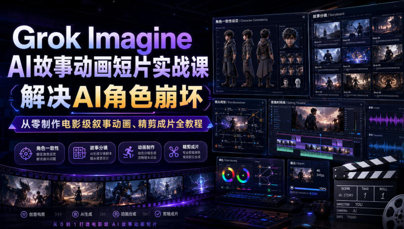 Grok Imagine AI故事动画短片实战课|解决AI角色崩坏,从零制作电影级叙事动画、精剪成片全教程(中英字幕)