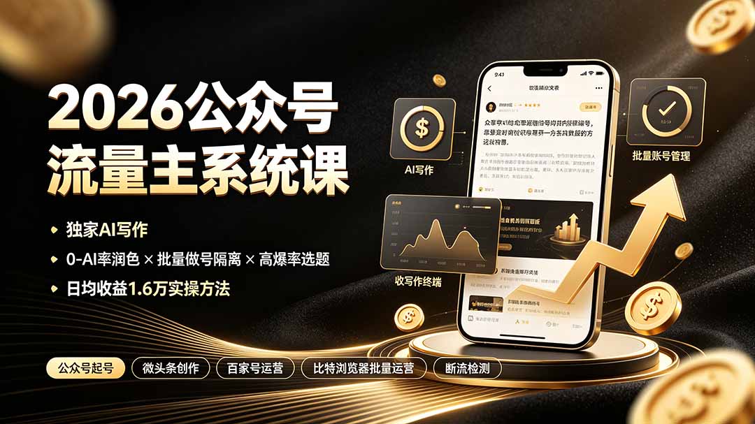 2026公众号流量主系统课:独家AI写作×0-AI率润色×批量做号隔离×高爆率选题,日均收益1.6万实操方法-云网创