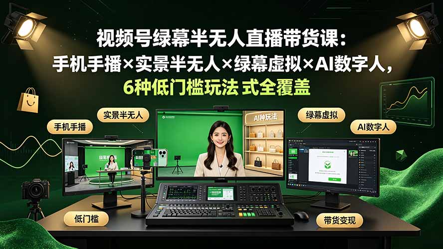 视频号绿幕半无人直播带货课:手机手播×实景半无人×绿幕虚拟×AI数字人,6种低门槛玩法全覆盖-云网创