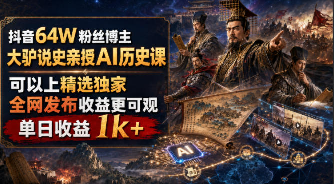 抖音64W粉丝博主大驴说史亲授AI历史课，可以上精选独家，全网发布收益更可观，单日收益1k+-云网创
