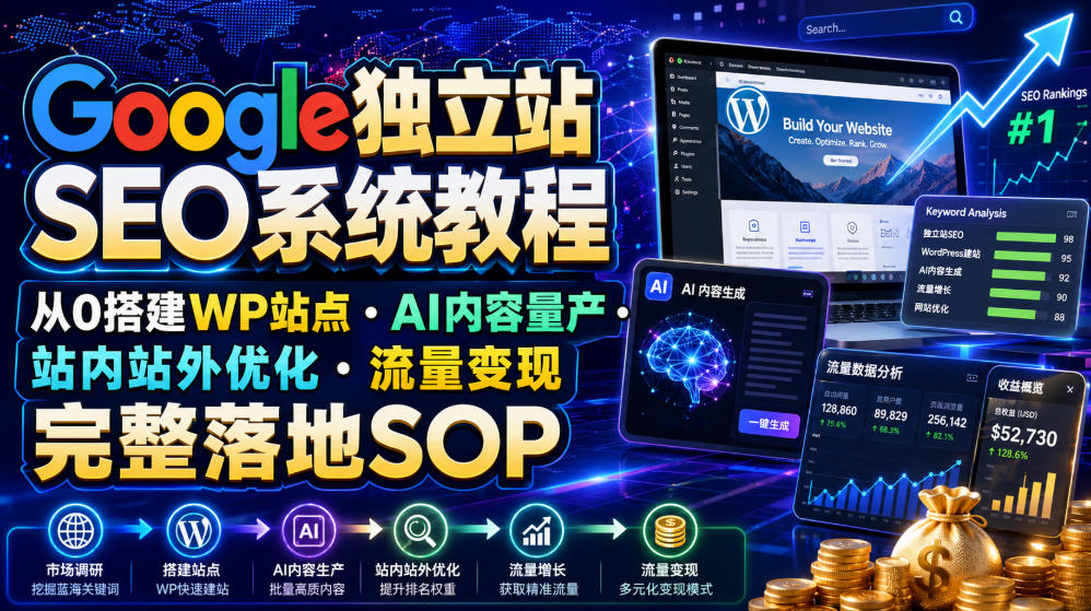 Google独立站SEO系统教程，从0搭建WP站点・AI内容量产・站内站外优化・流量变现完整落地SOP(2026年7月)-云网创