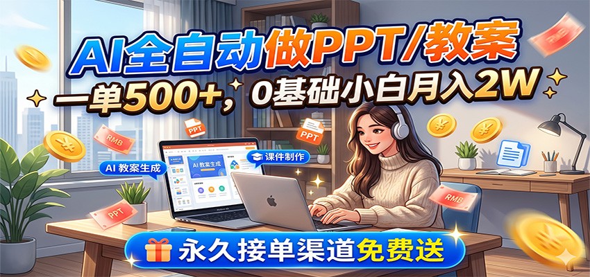 AI全自动做PPT/教案，一单500+，0基础小白月入2W，永久接单渠道免费送-云网创