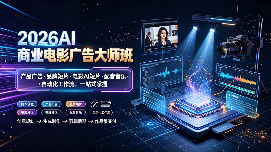 2026AI商业电影广告大师班：产品广告·品牌短片·电影AI短片·配音音乐·自动化工作流，一站式掌握-云网创