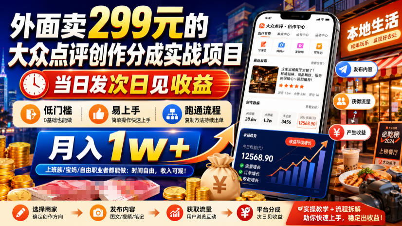 外面卖299元的大众点评创作分成实战项目，当日发次日见收益，低门槛易上手，跑通流程月入1w+-云网创