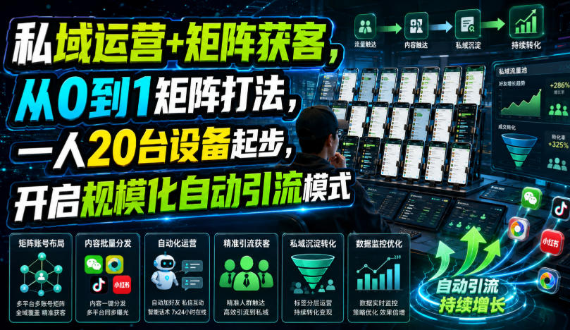 私域运营+矩阵获客，从0到1矩阵打法，一人20台设备起步，开启规模化自动引流模式！-云网创