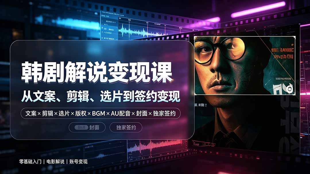 抖音270W粉丝博主亲授韩剧解说课：文案×剪辑×选片×版权×BGM×AU配音×封面×独家签约，零基础到变现-云网创