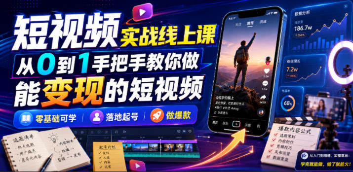 短视频实战线上课,从0到1手把手教你做能变现的短视频,零基础可学,落地起号做爆款-云网创