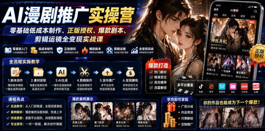 AI漫剧推广实操营｜零基础低成本制作、正版授权、爆款剧本、剪辑运镜全变现实战课-云网创