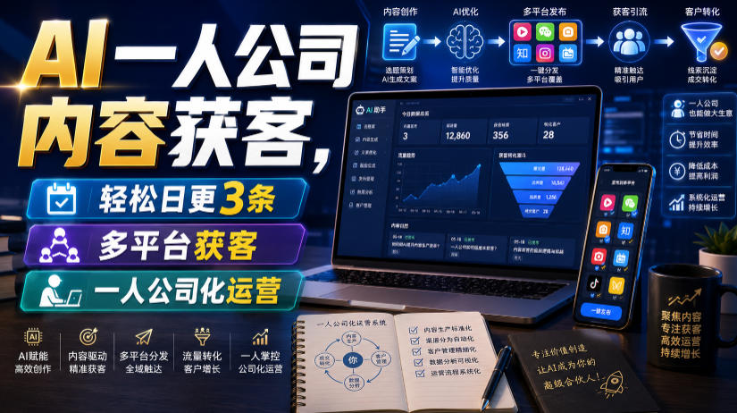 AI一人公司内容获客，轻松日更3条，多平台获客，一人公司化运营-云网创