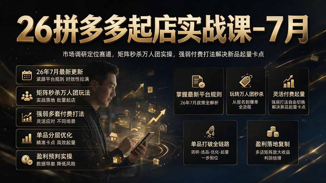 26拼多多起店实战课-7月｜市场调研定位赛道，矩阵秒杀万人团实操，强弱付费打法解决新品起量卡点-云网创