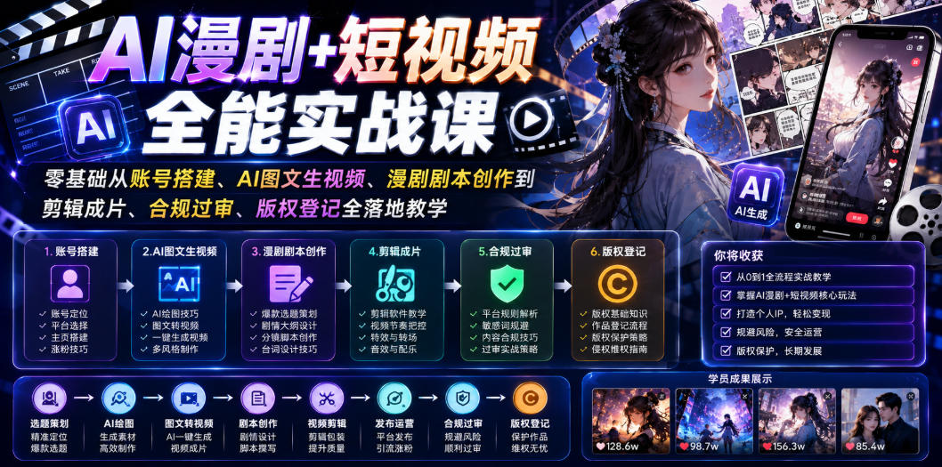 AI漫剧+短视频全能实战课｜零基础从账号搭建、AI图文生视频、漫剧剧本创作到剪辑成片、合规过审、版权登记全落地教学-云网创