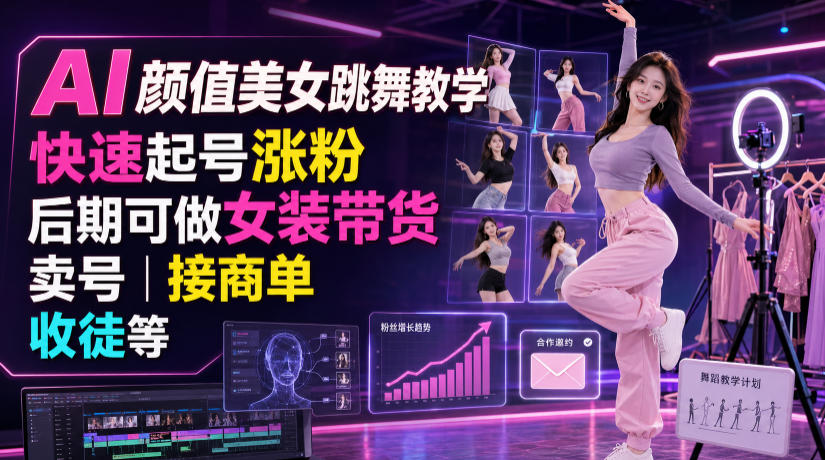 AI颜值美女跳舞教学，快速起号涨粉，后期可做女装带货，卖号，接商单，收徒等-云网创