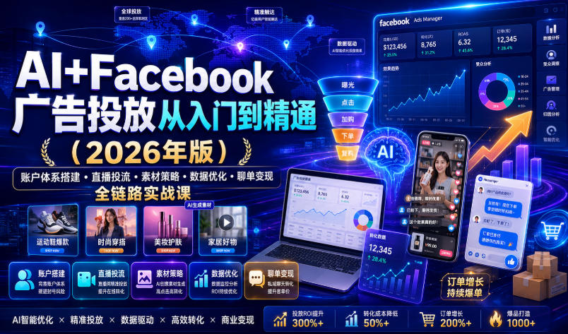 AI+Facebook广告投放从入门到精通(2026年版)｜账户体系搭建・直播投流・素材策略・数据优化・聊单变现全链路实战课-云网创