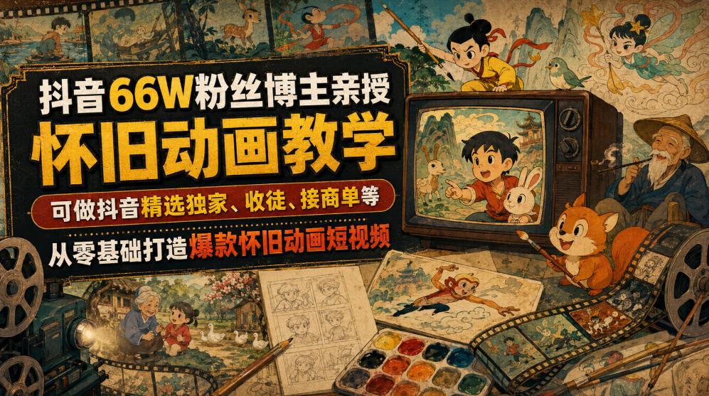 抖音66W粉丝博主亲授怀旧动画教学,可做抖音精选独家、收徒、接商单等,从零基础打造爆款怀旧动画短视频-云网创