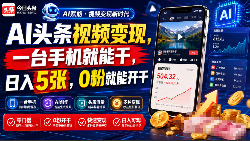 AI头条视频变现,一台手机就能干,日入5张,0粉就能开干-云网创