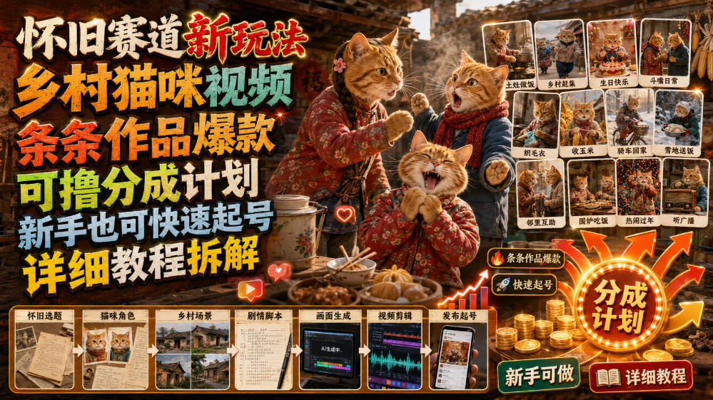 怀旧赛道新玩法,乡村猫咪视频,条条作品爆款,可撸分成计划,新手也可快速起号,详细教程拆解-云网创