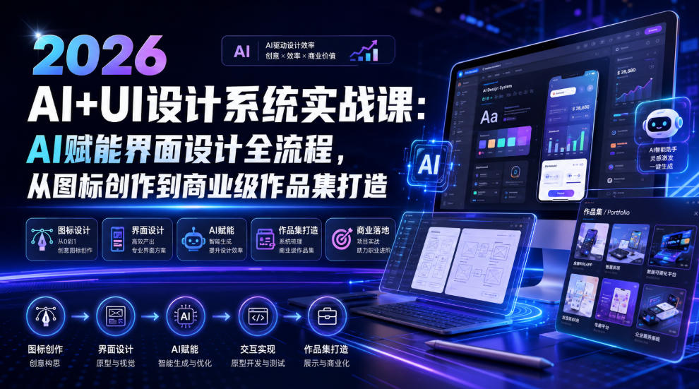 2026 AI+UI设计系统实战课：AI赋能界面设计全流程，从图标创作到商业级作品集打造-云网创