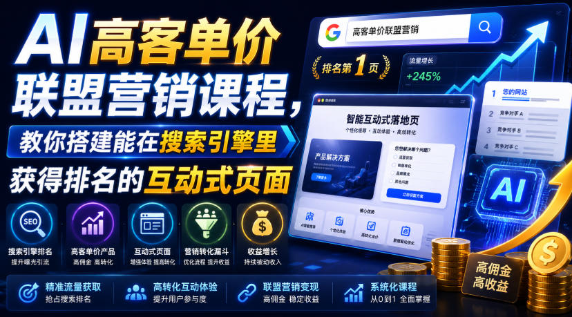 AI高客单价联盟营销课程，教你搭建能在搜索引擎里获得排名的互动式页面，引来流量，把访客转化为高佣金的成交【原创双语字幕】-云网创