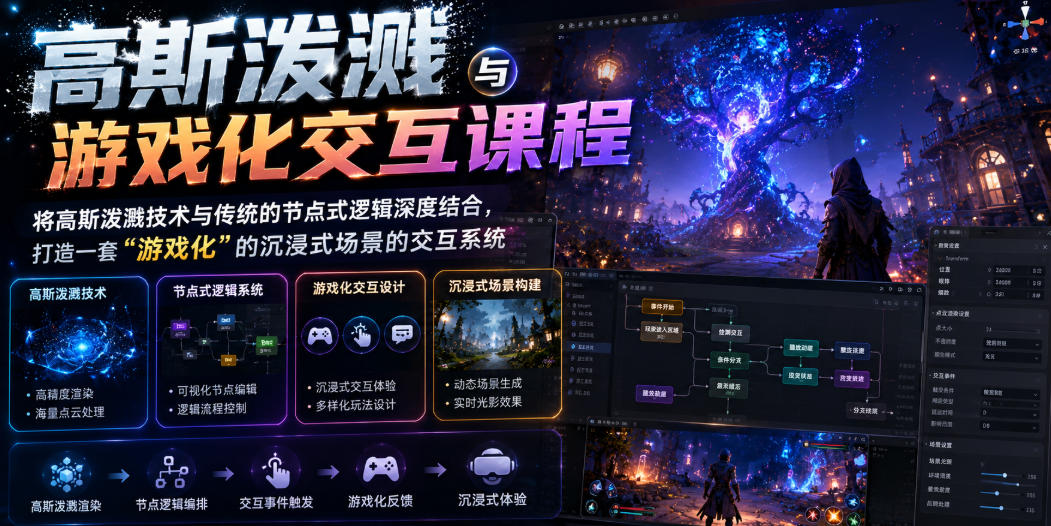 高斯泼溅与游戏化交互课程,将高斯泼溅技术与传统的节点式逻辑深度结合,打造一套“游戏化”的沉浸式场景的交互系统-云网创