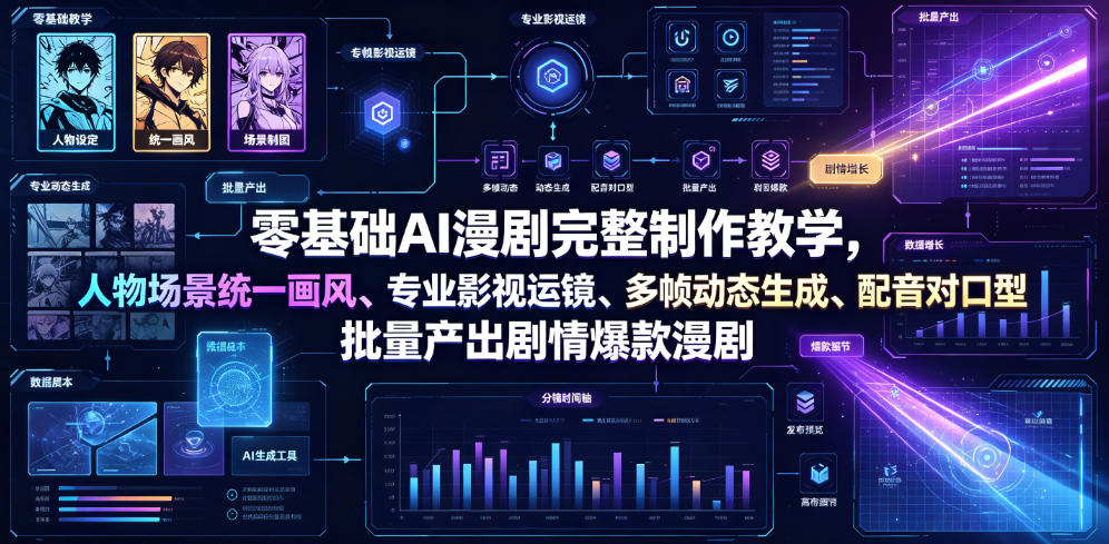 零基础AI漫剧完整制作教学,人物场景统一画风、专业影视运镜、多帧动态生成、配音对口型,批量产出剧情爆款漫剧-云网创