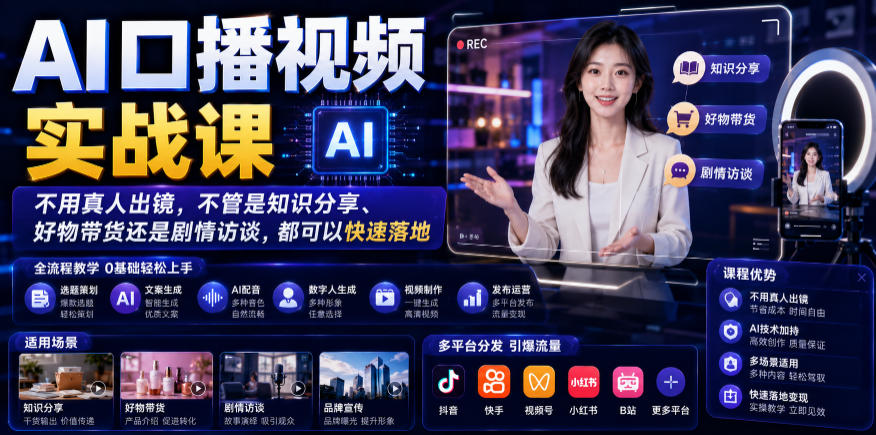 AI口播视频实战课,不用真人出镜,不管是知识分享、好物带货还是剧情访谈,都可以快速落地-云网创