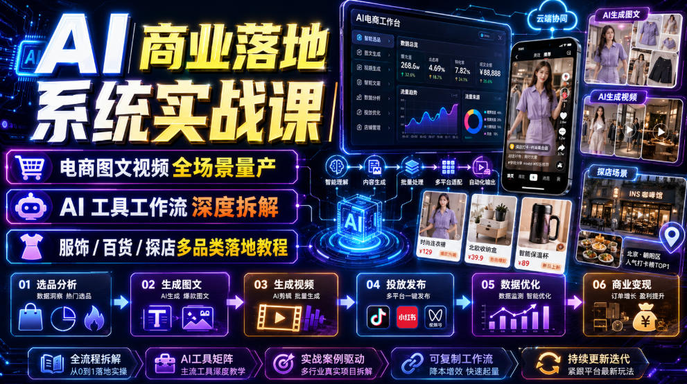AI商业落地系统实战课｜电商图文视频全场景量产・AI工具工作流深度拆解・服饰/百货/探店多品类落地教程-云网创
