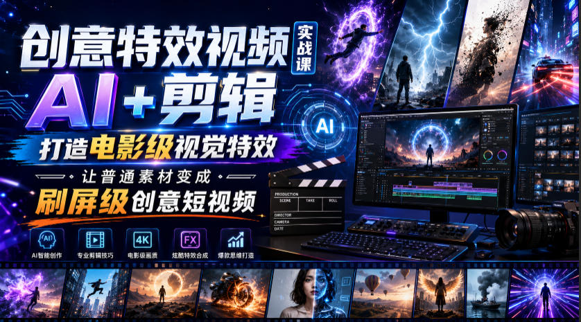 创意特效视频实战课，AI+剪辑打造电影级视觉特效，让普通素材变成刷屏级创意短视频-云网创