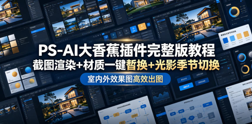 PS-AI大香蕉插件完整版教程，截图渲染+材质一键替换+光影季节切换，室内外效果图高效出图高阶课程-云网创