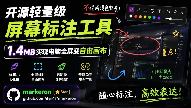 开源轻量级屏幕标注工具，1.4MB实现电脑全屏变自由画布！支持8种标注工具和全键盘操控MarkerOn-云网创