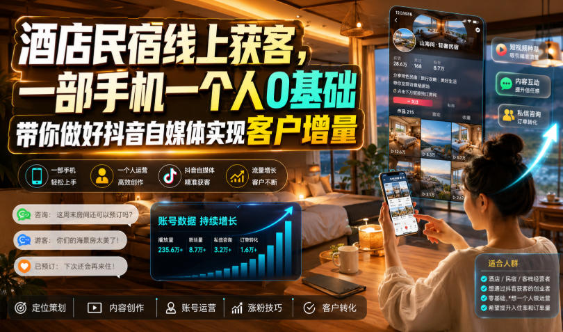 酒店民宿线上获客，一部手机一个人0基础带你做好抖音自媒体实现客户增量-云网创